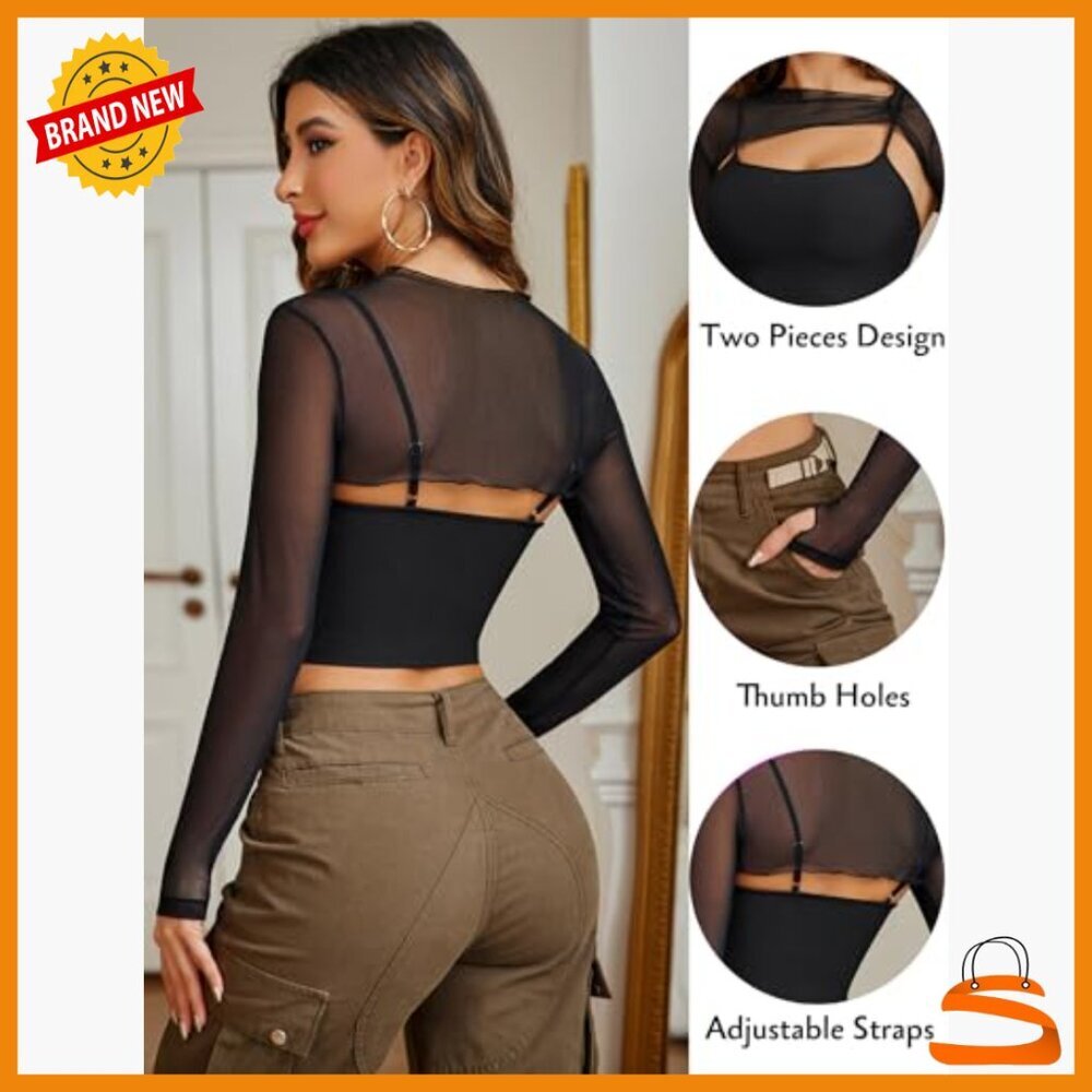 Mesh Long Sleeve Crop Top with Cami Clubwear Set Thumb Holes - Picture 3 of 7